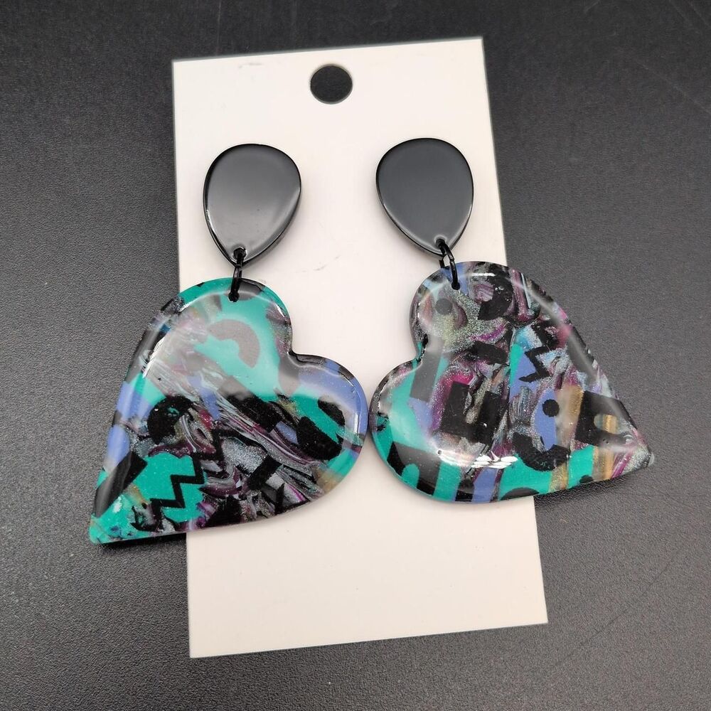 Funky retro 80s 90s lightweight polymer clay heart earrings